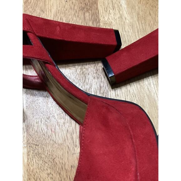 Womens High Block Heel Ankle Strap Open Toe Red Faux Suede Shoes Size 8.5 - Picture 4 of 14